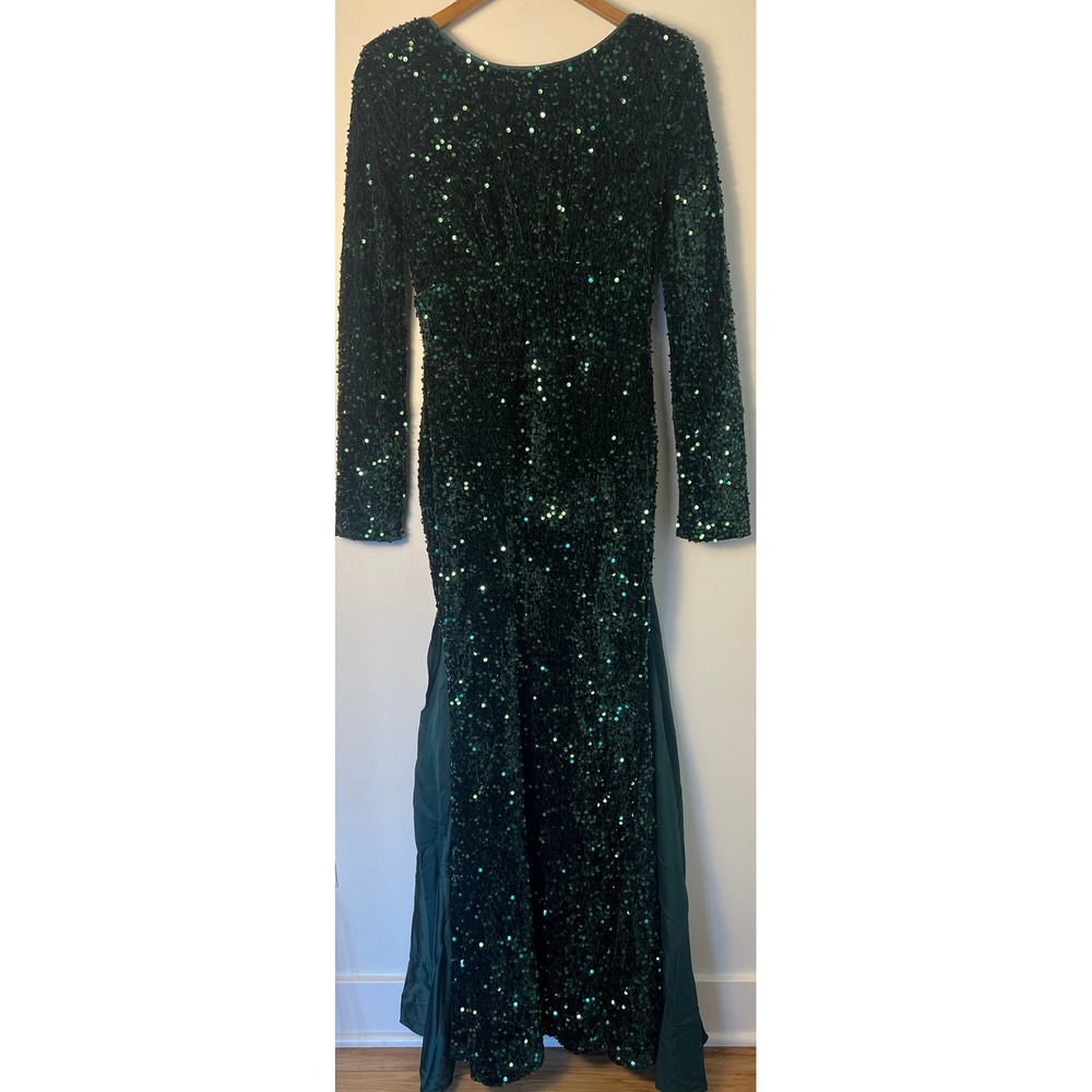 Faeriesty Emerald Green Sequin Open‎ Back Maxi Dress Long Sleeve Formal Gown SM